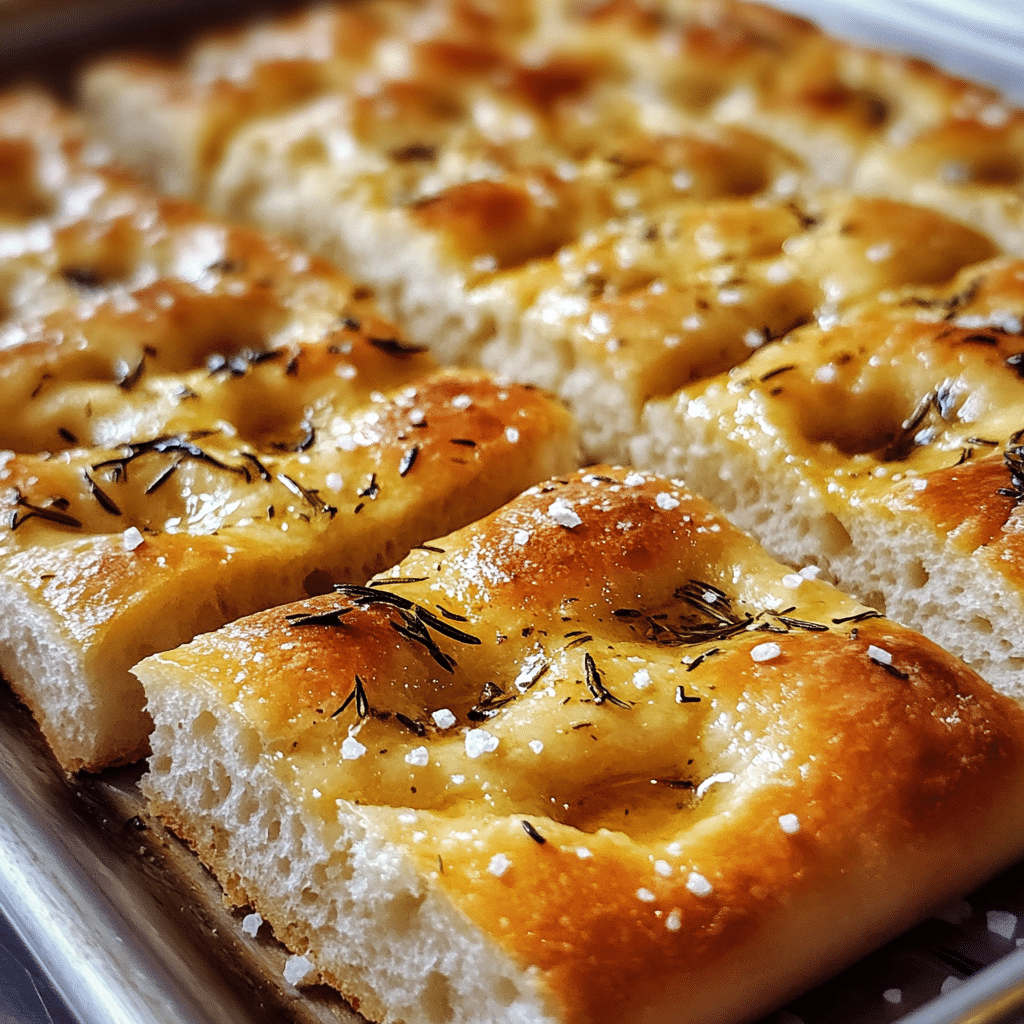 Sourdough focaccia in a pan with a golden dimpled top, olive oil, and rosemary