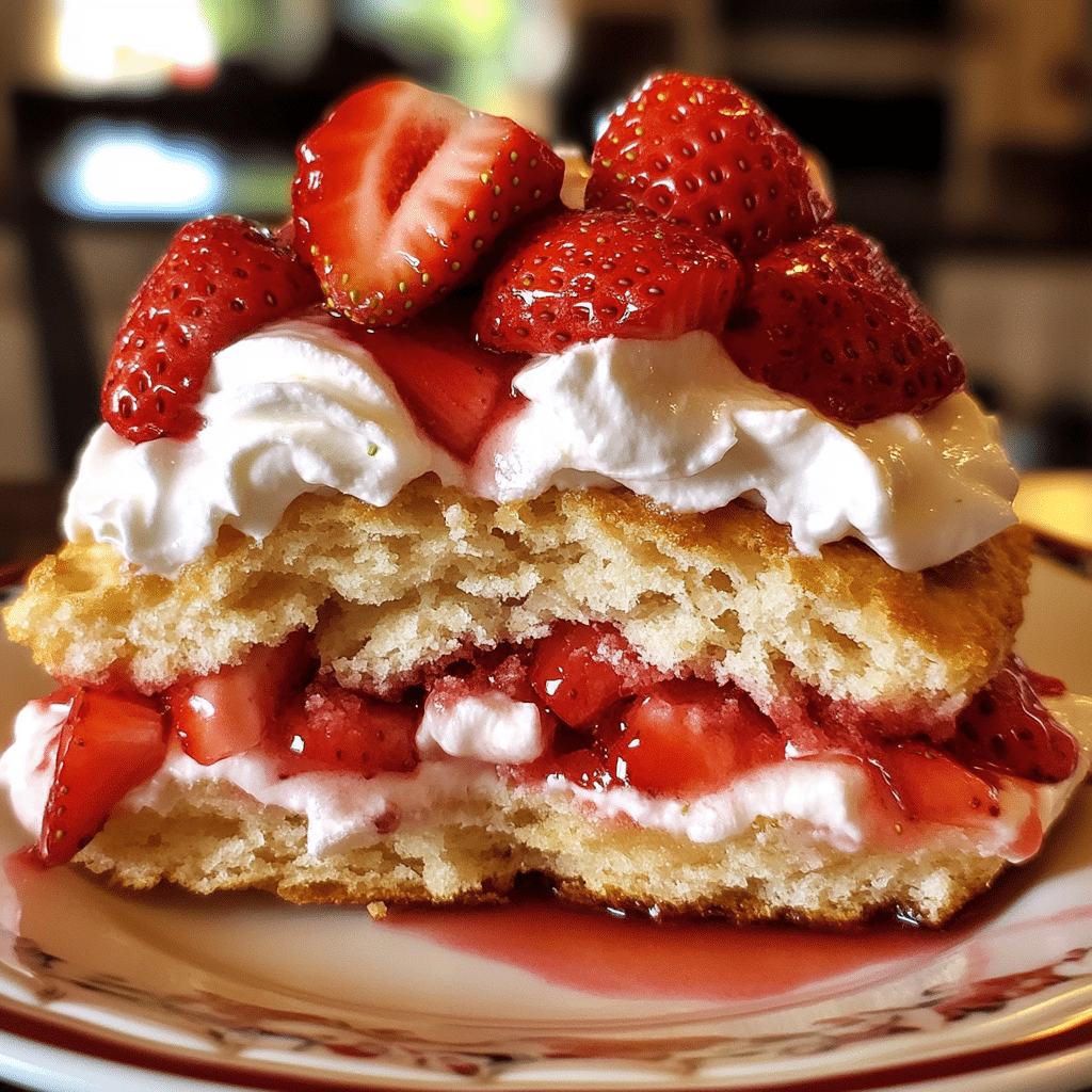 Strawberry shortcake layered with strawberries and whipped cream on a plate