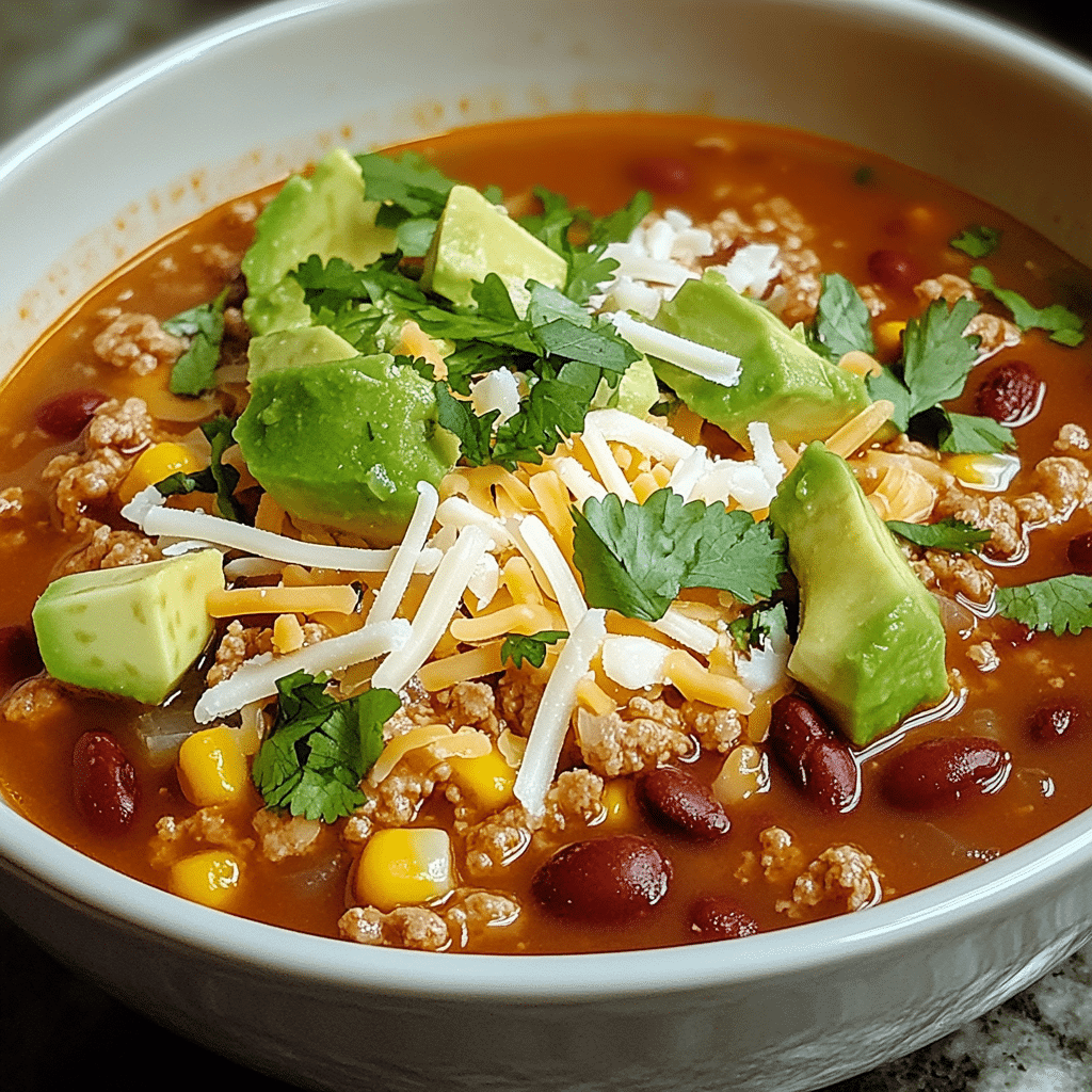 Bowl of taco soup with beans, corn, cheese, avocado, and cilantro