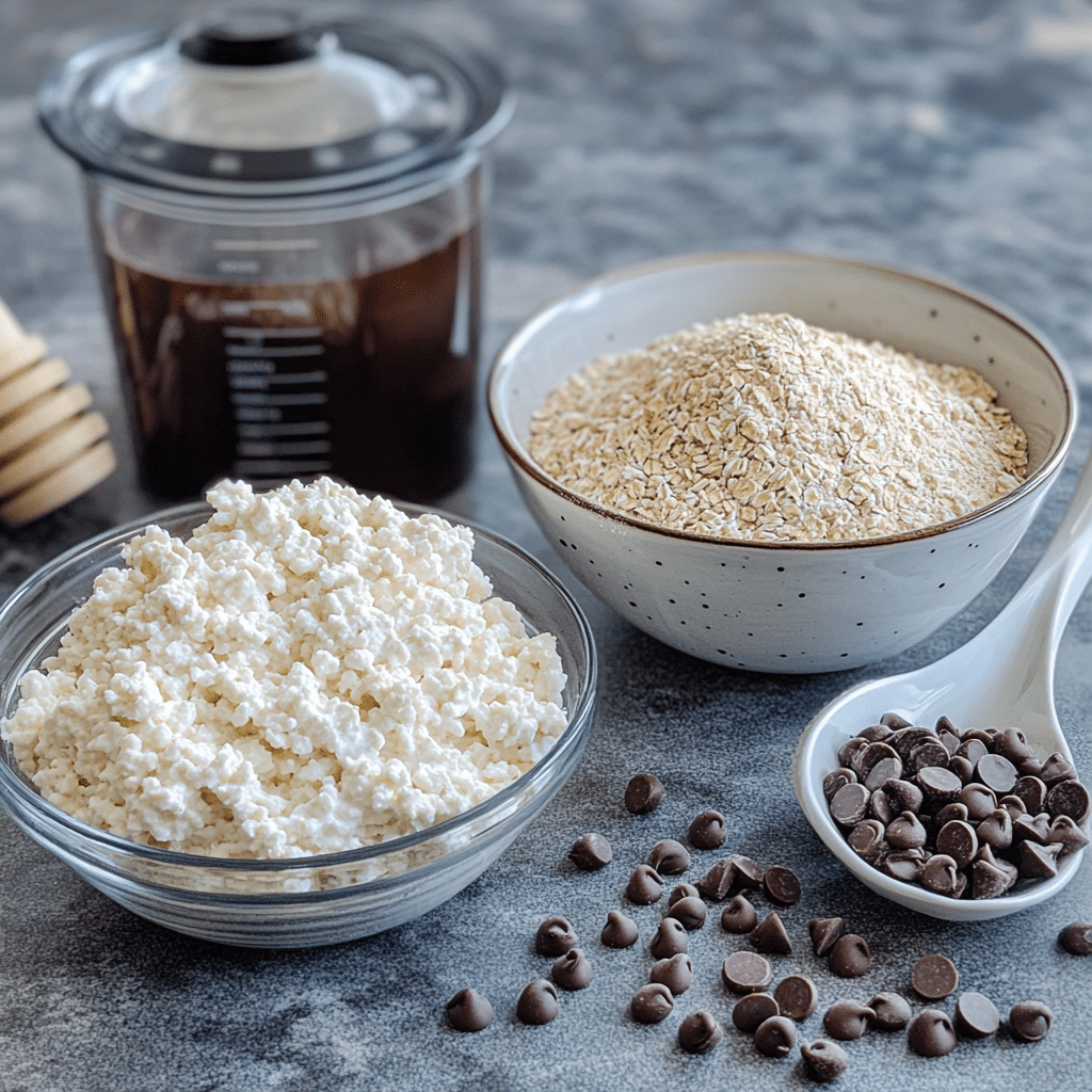 ingredients for edible cottage cheese cookie dough including cottage cheese vanilla sweetener oat flour and chocolate chips