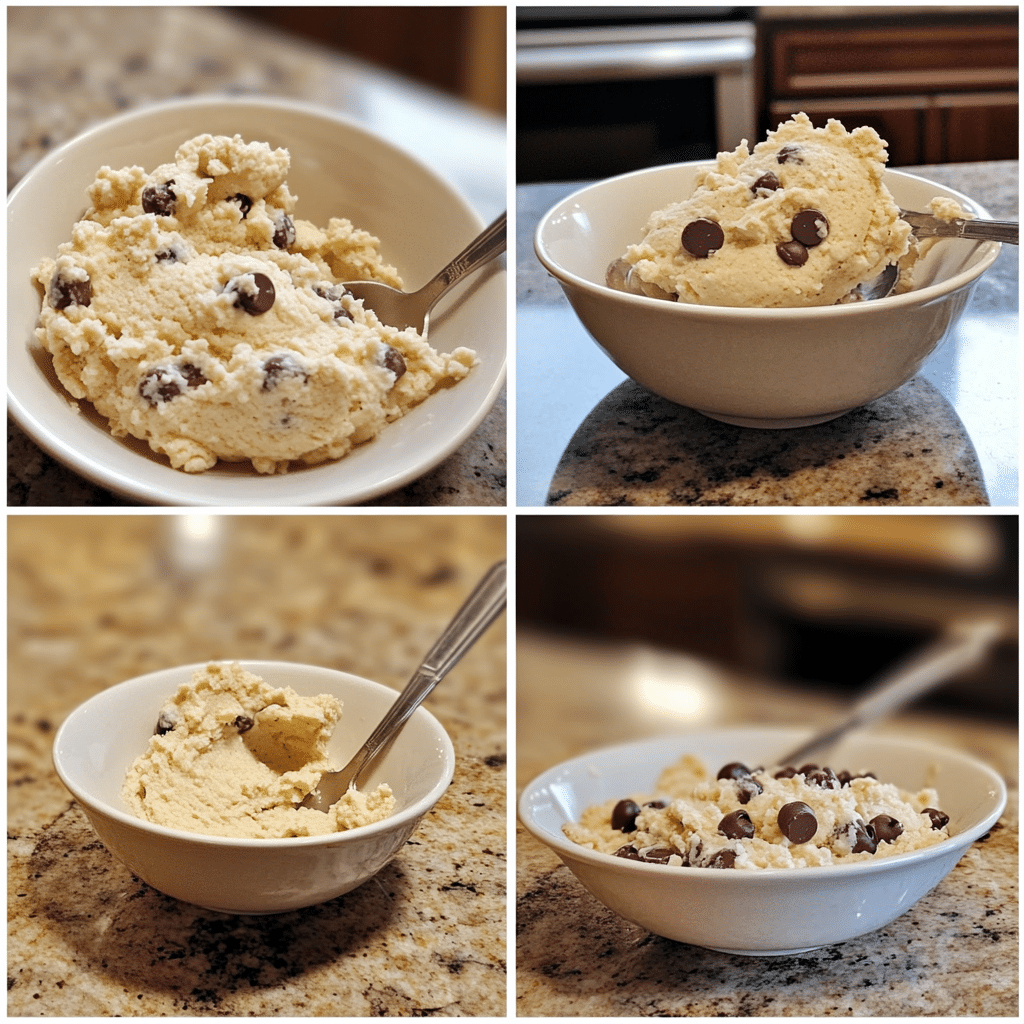 four panel collage showing steps to make edible cottage cheese cookie dough