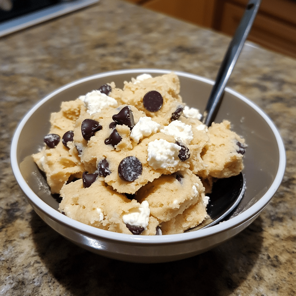 bowl of edible cottage cheese cookie dough with mini chocolate chips