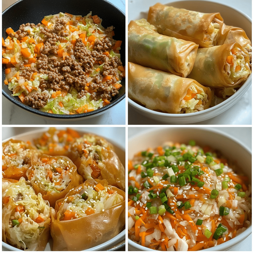 Four panel collage showing browning ground turkey, adding aromatics, stirring in cabbage, and finishing with toppings