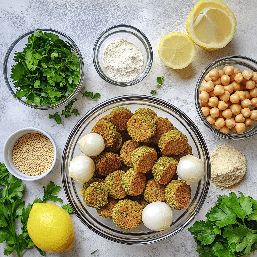 ingredients for falafel including soaked chickpeas herbs garlic onion and spices