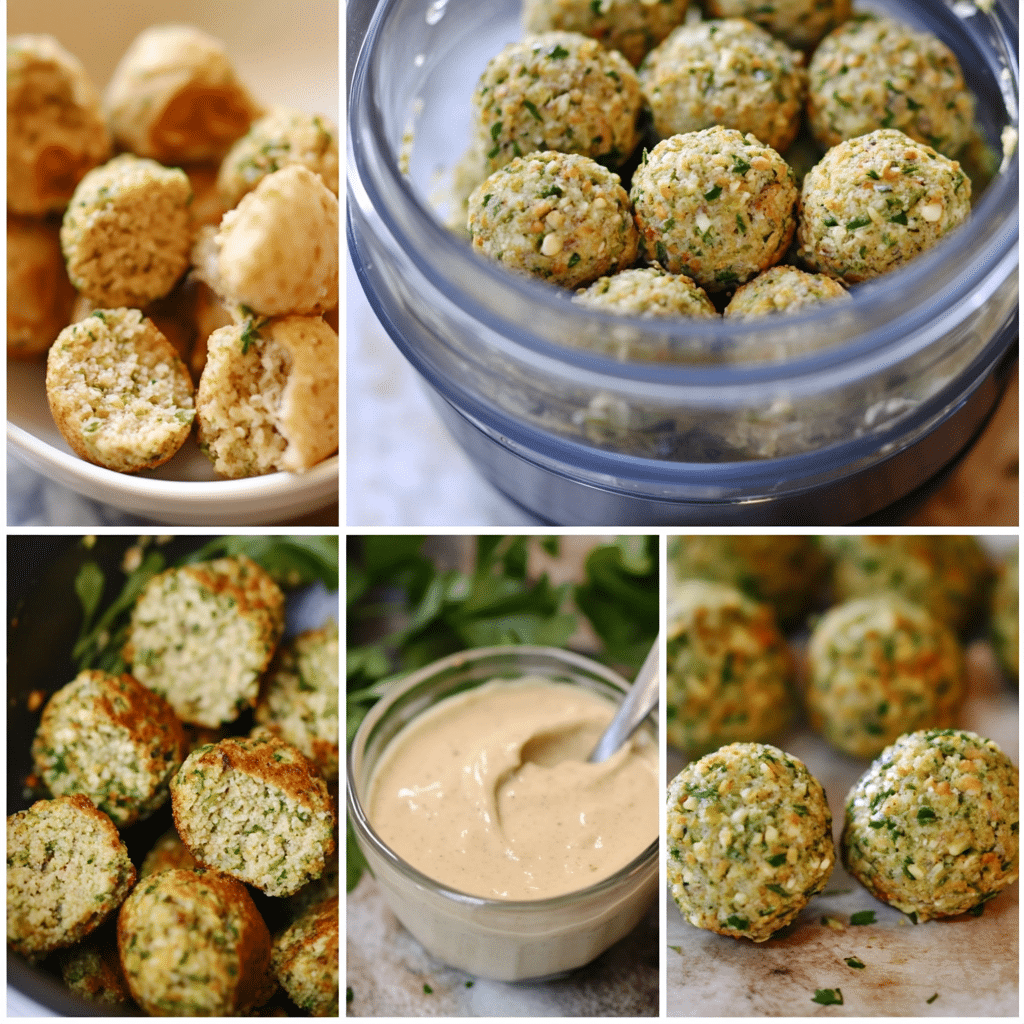 four panel collage showing steps to make falafel
