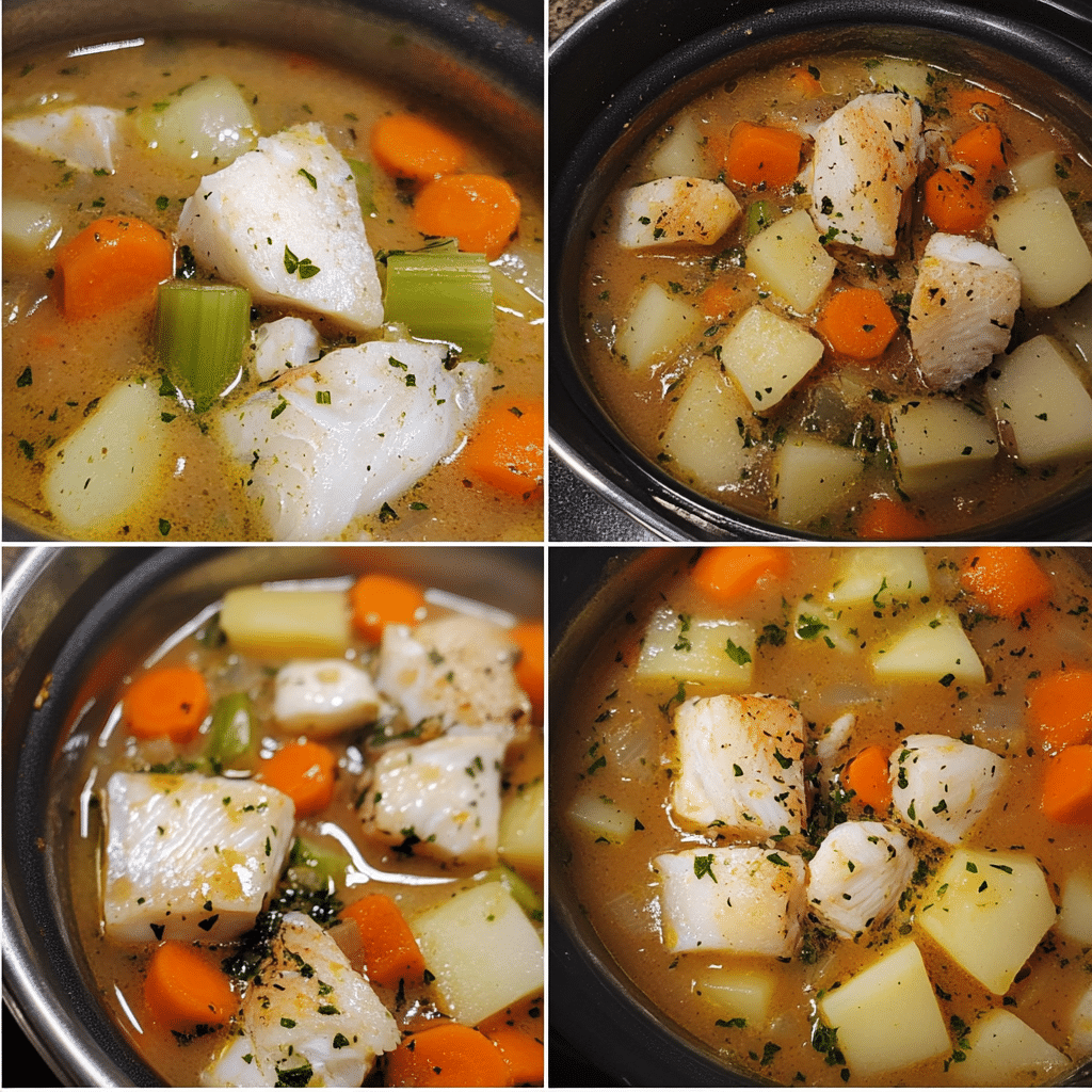 Four panel collage showing how to make fish chowder from sautéing to serving