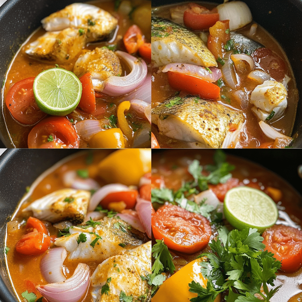 Four panel collage showing how to make Brazilian fish stew moqueca in a pot