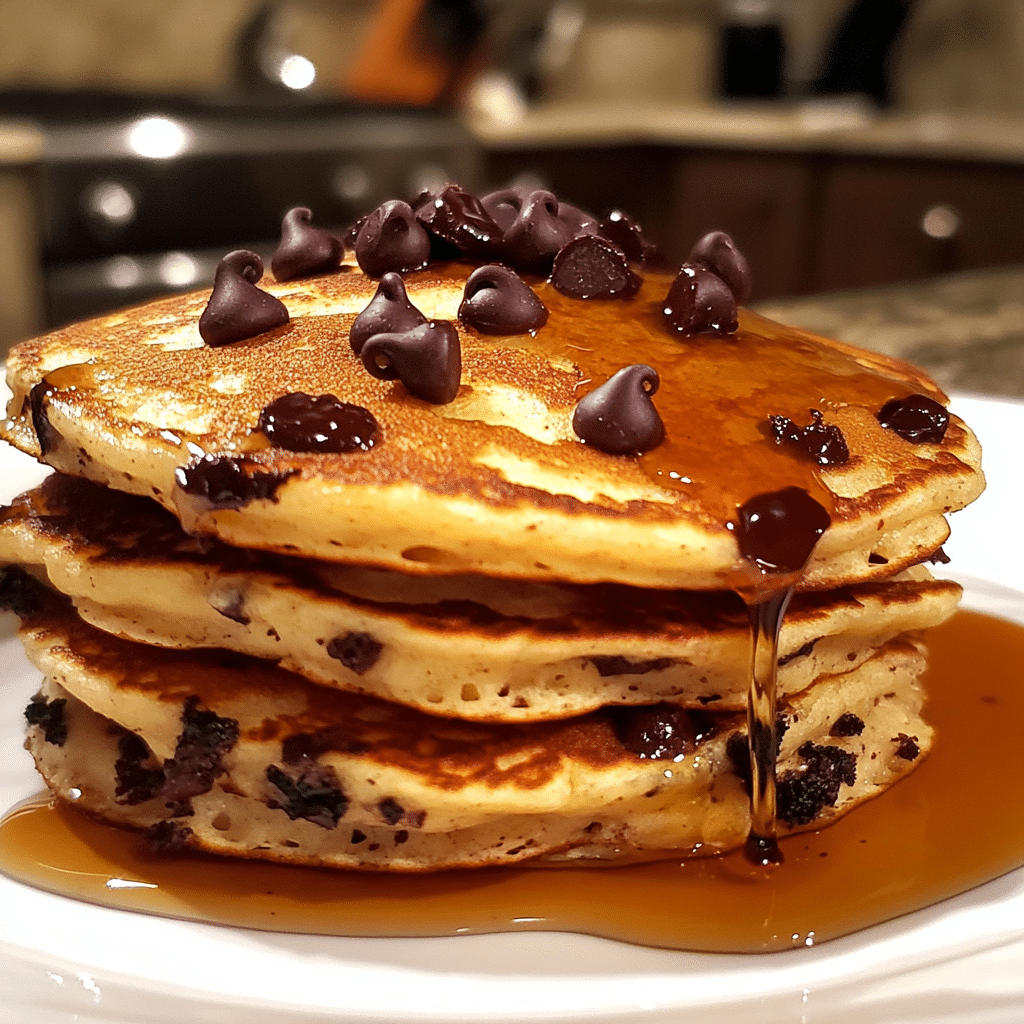 Stack of chocolate chip pancakes with syrup on a plate