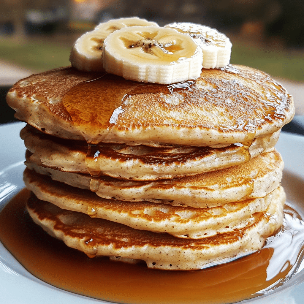stack of protein pancakes with banana and maple syrup