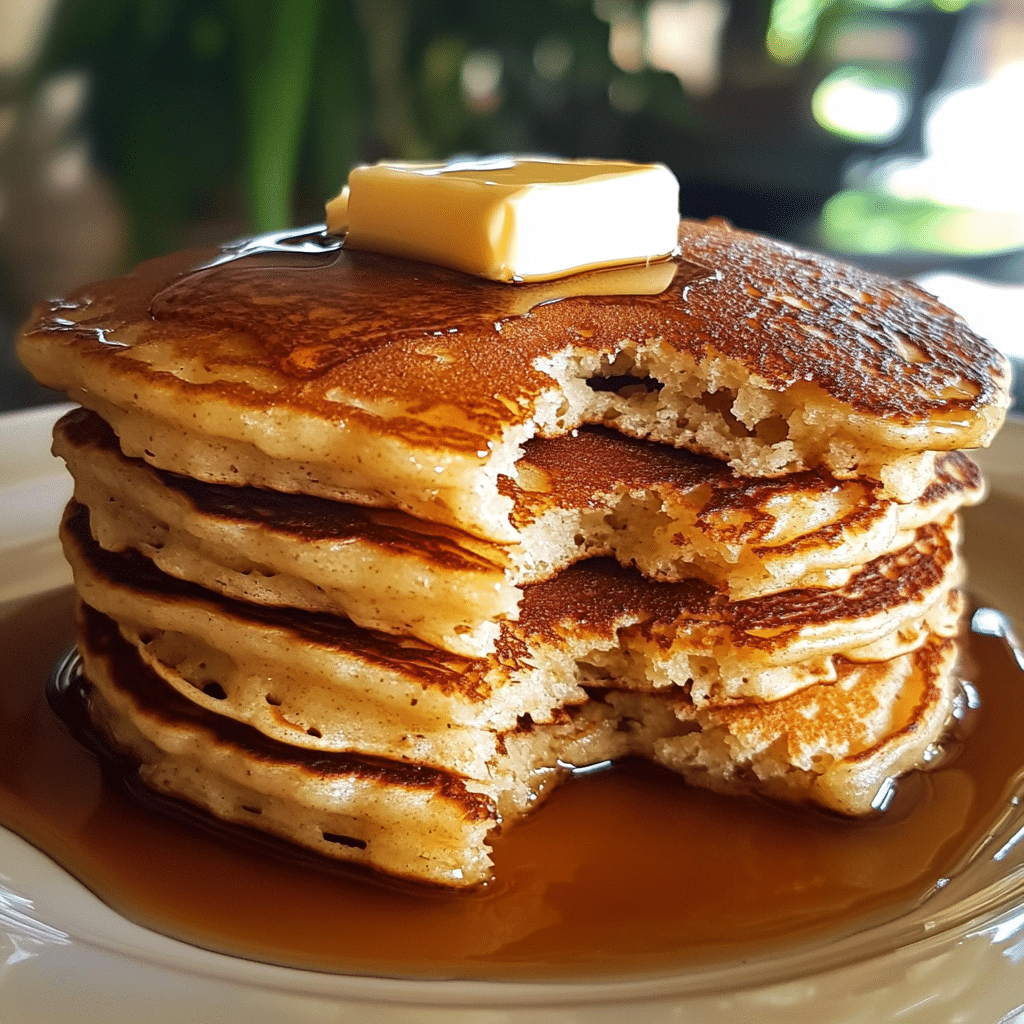 Stack of sourdough discard pancakes with butter and syrup on a plate
