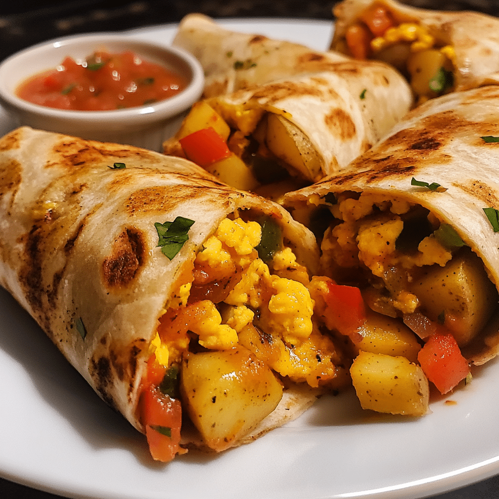 Breakfast burritos on a plate with a sliced burrito showing filling