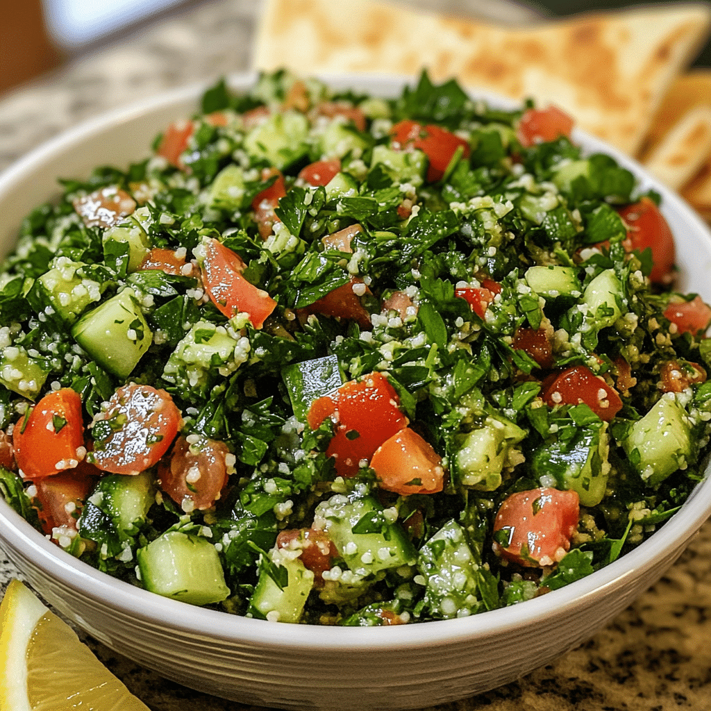 tabbouleh salad with parsley mint tomatoes cucumber and lemon dressing