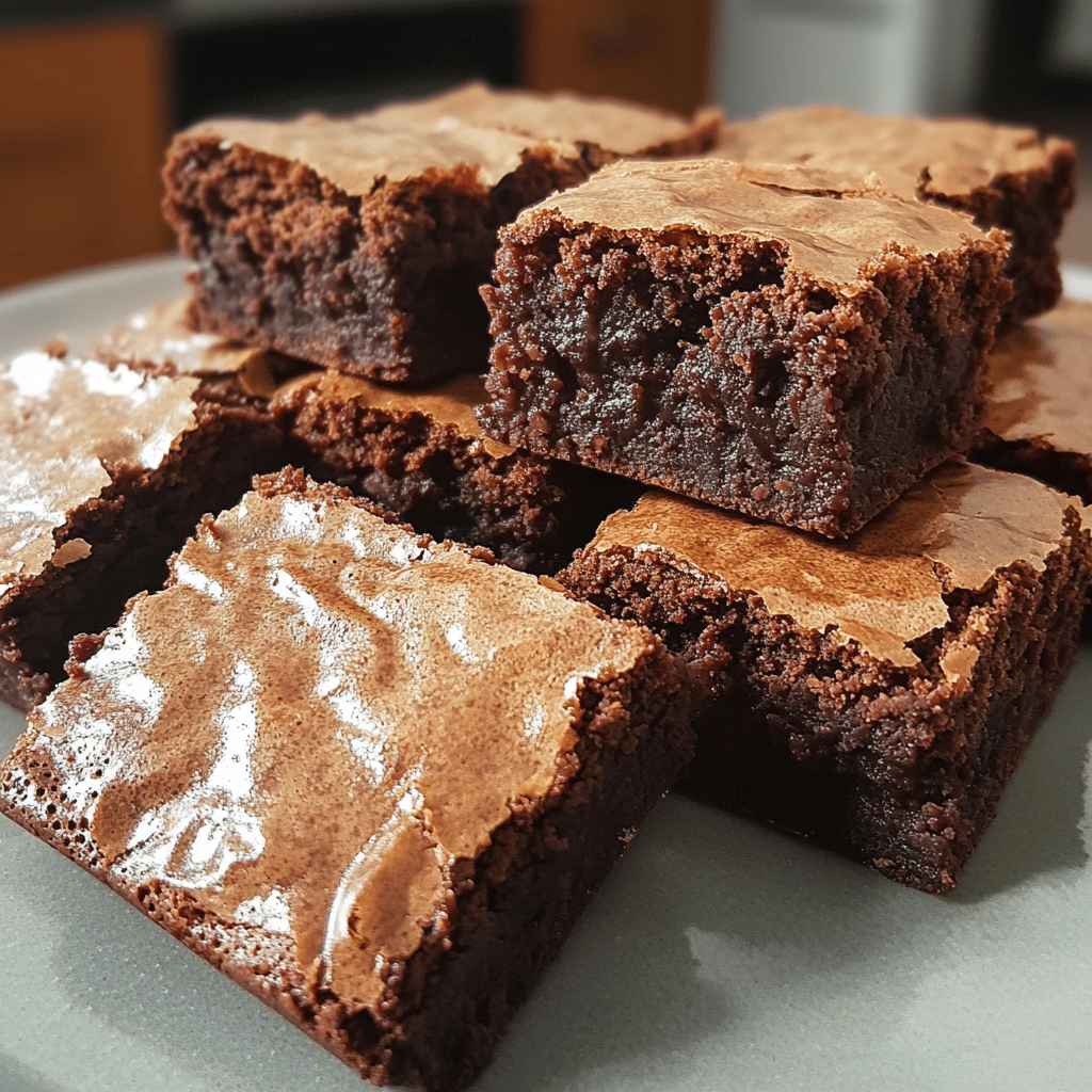 Stack of sourdough brownies with a shiny crackly top and gooey center