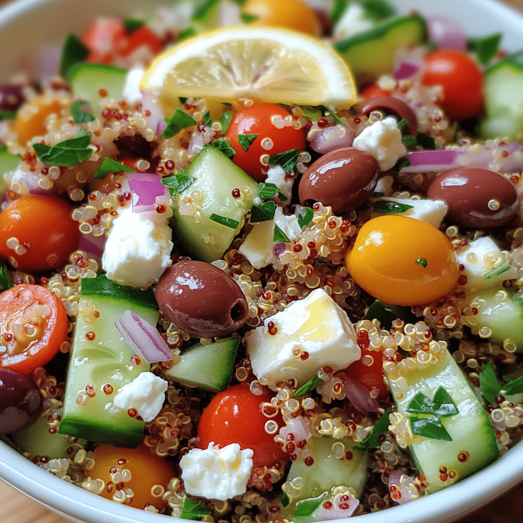 Greek quinoa salad with cucumber, tomatoes, olives, feta, and lemon dressing