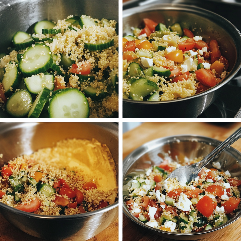 Four panel collage showing how to make Greek quinoa salad from cooking quinoa to tossing salad