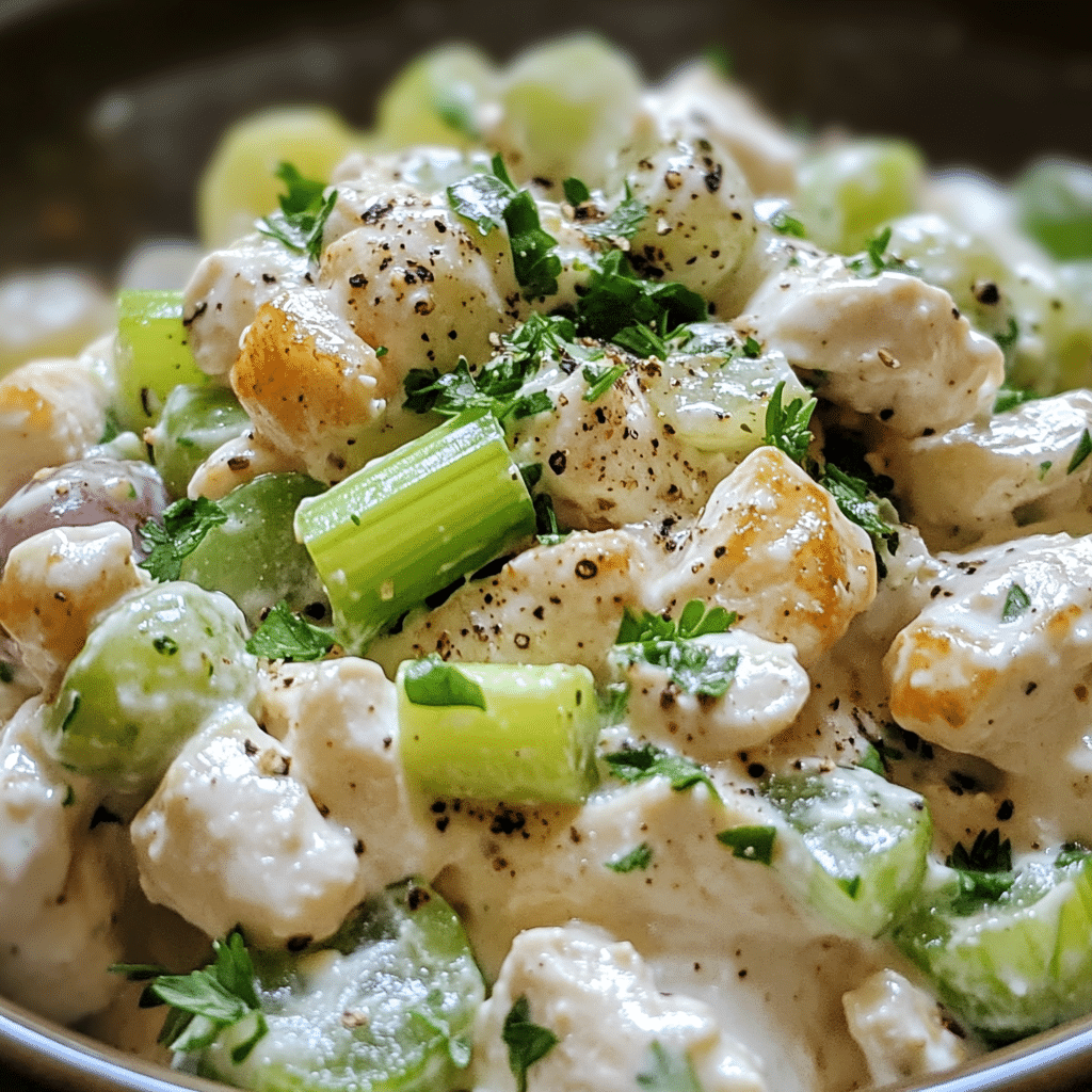 Bowl of greek yogurt chicken salad with celery and grapes