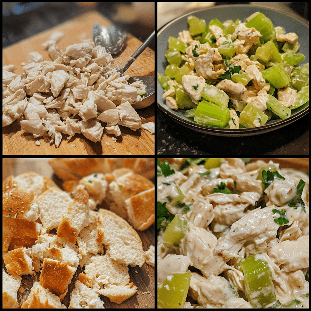 Four panel collage showing chopping chicken, mixing yogurt dressing, folding add-ins, and serving on bread