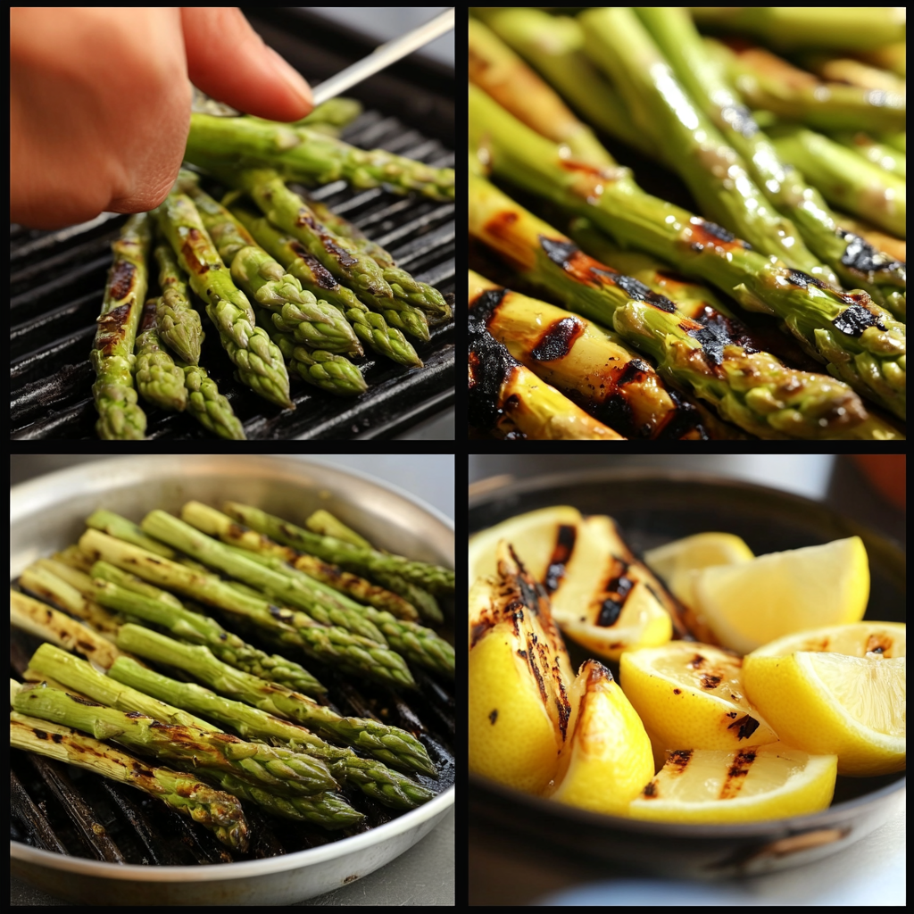 Four panel collage showing how to make grilled asparagus from trimming to grilling