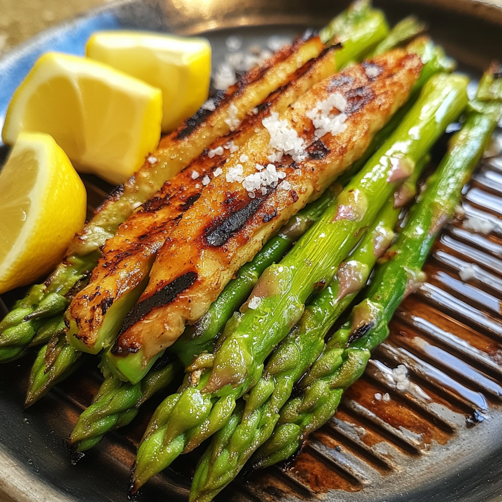 Grilled asparagus with char marks and lemon wedges on a platter