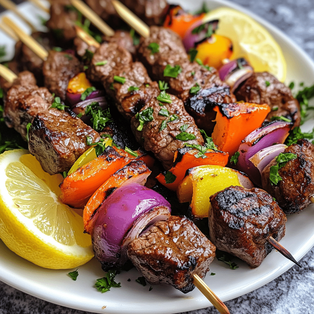 grilled beef kabobs with bell peppers and red onion on skewers