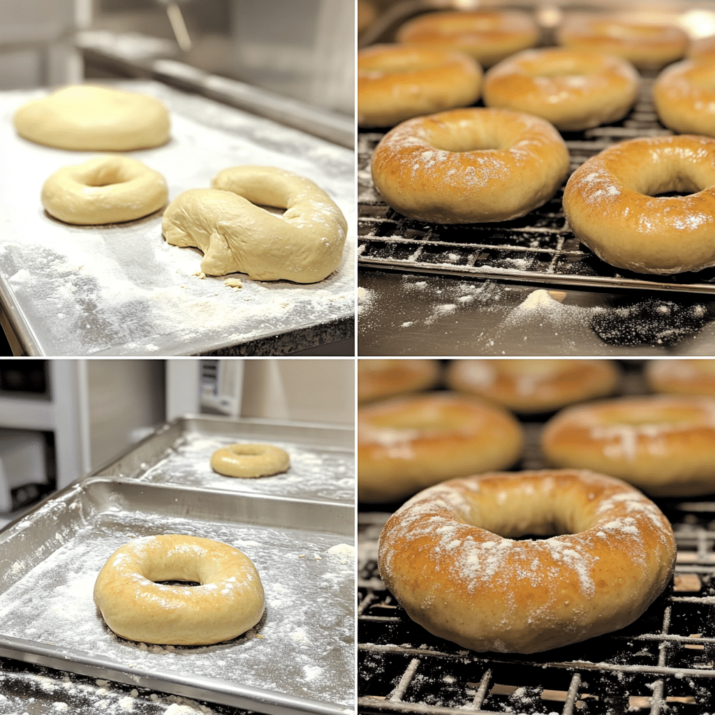 Four panel collage showing kneading bagel dough, shaping rings, boiling bagels, and baked golden bagels cooling