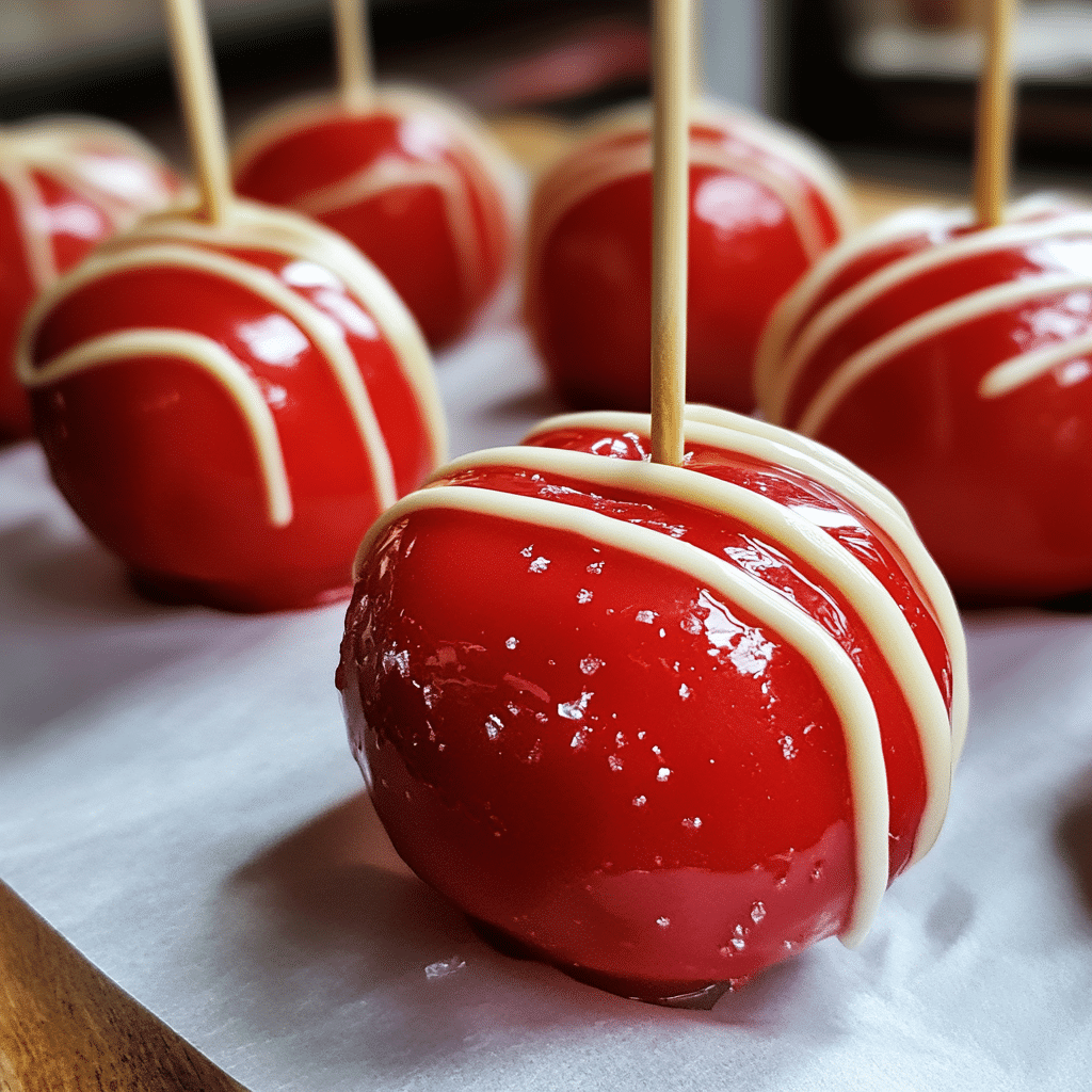 Shiny red candy apples on sticks cooling on parchment paper