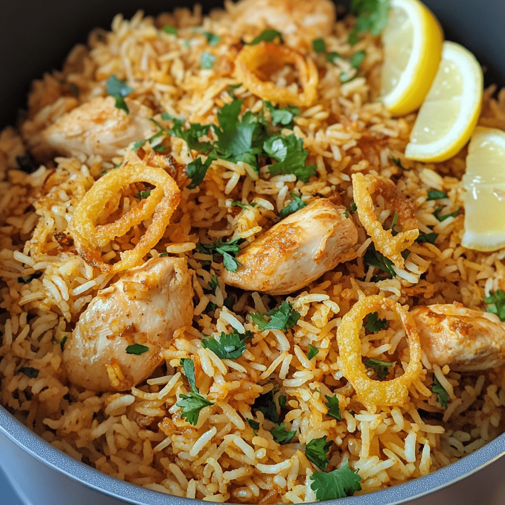 chicken biryani with basmati rice chicken pieces onions and herbs in a pot