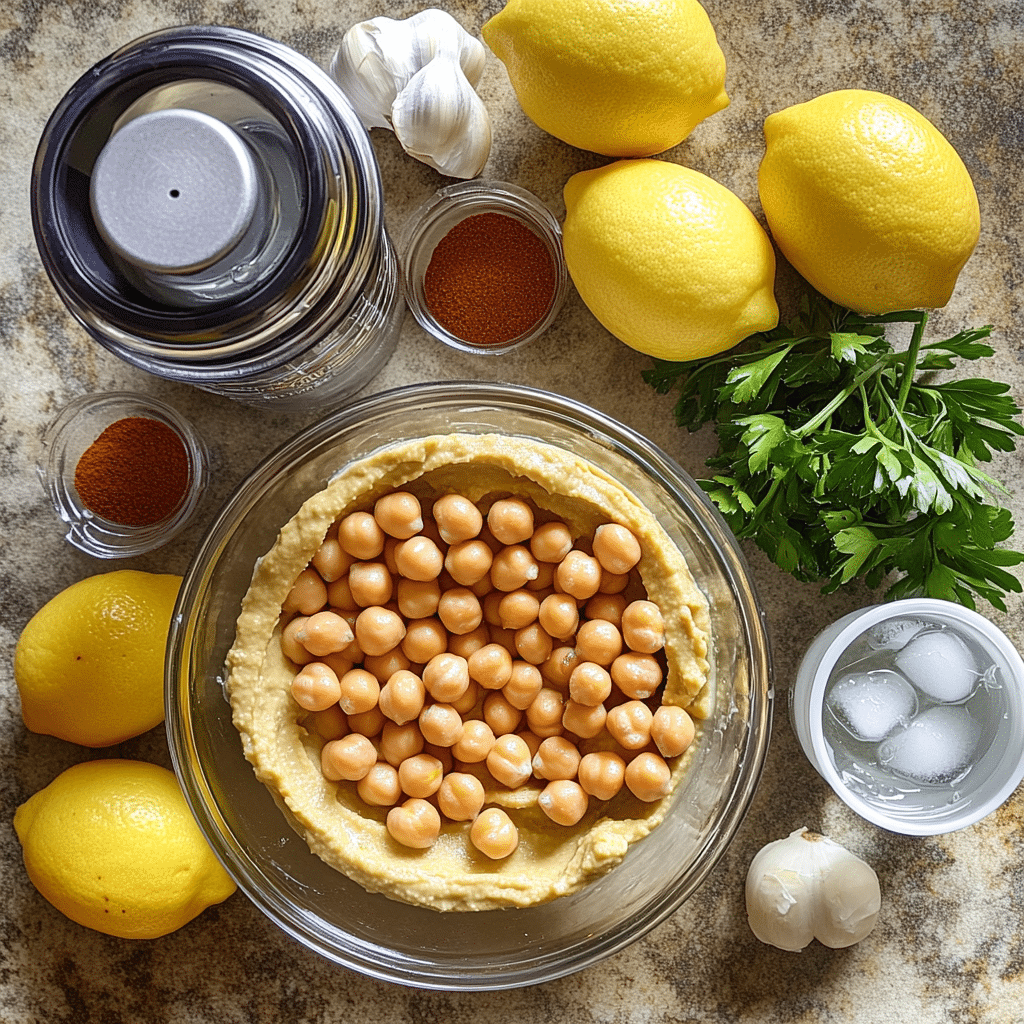 ingredients for homemade hummus including chickpeas tahini lemon garlic olive oil and spices