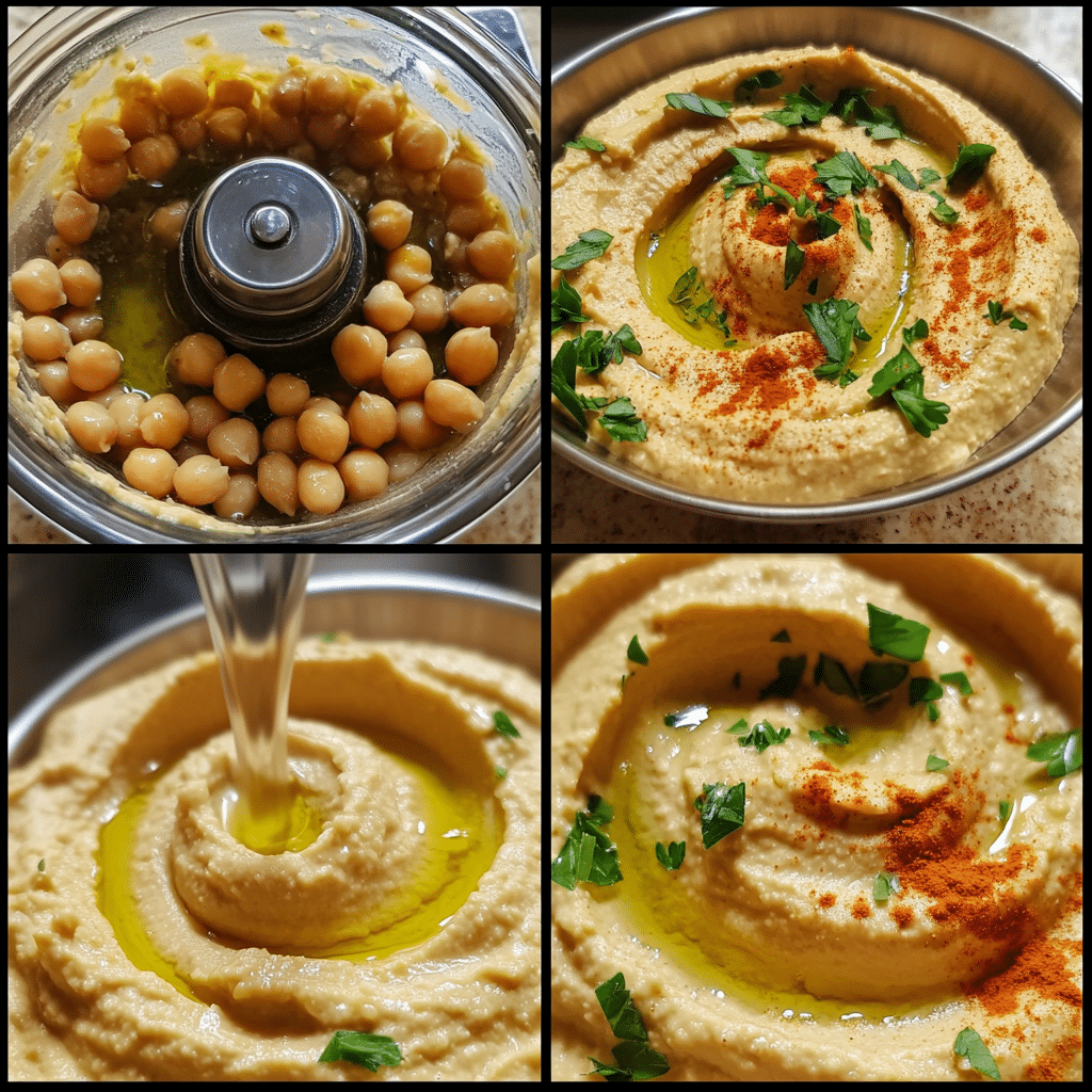 four panel collage showing steps to make homemade hummus