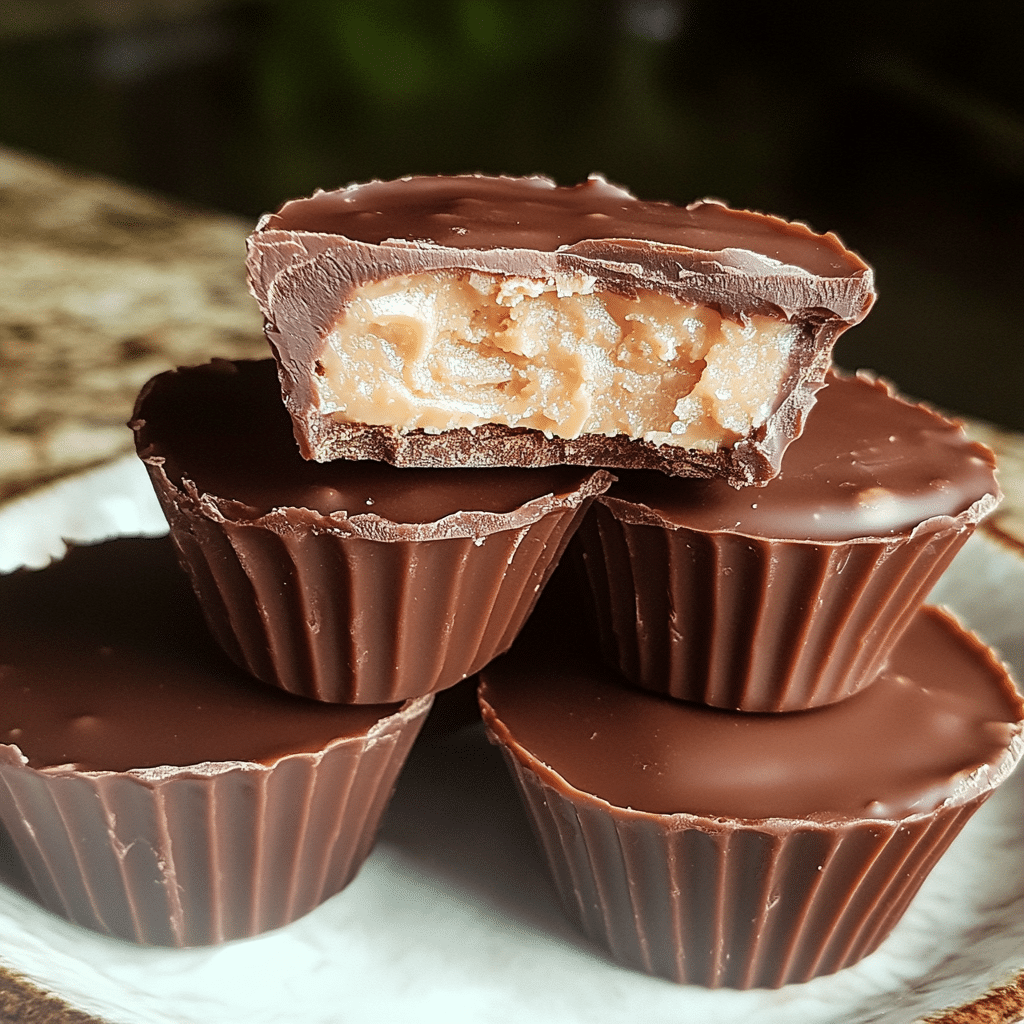 Homemade peanut butter cups stacked on a plate with creamy peanut butter filling inside