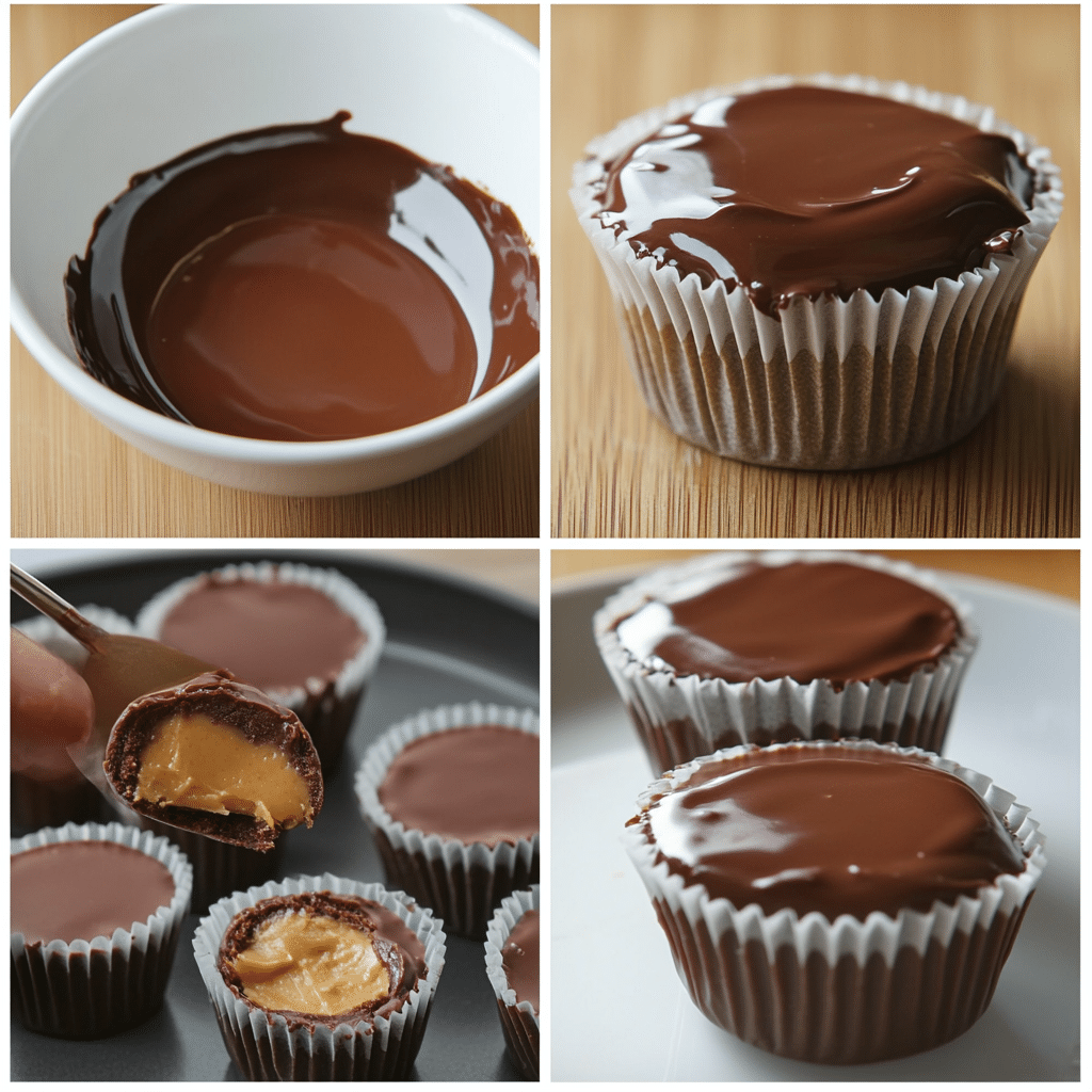 Four panel collage showing melting chocolate, lining cups, adding filling, and finished peanut butter cups