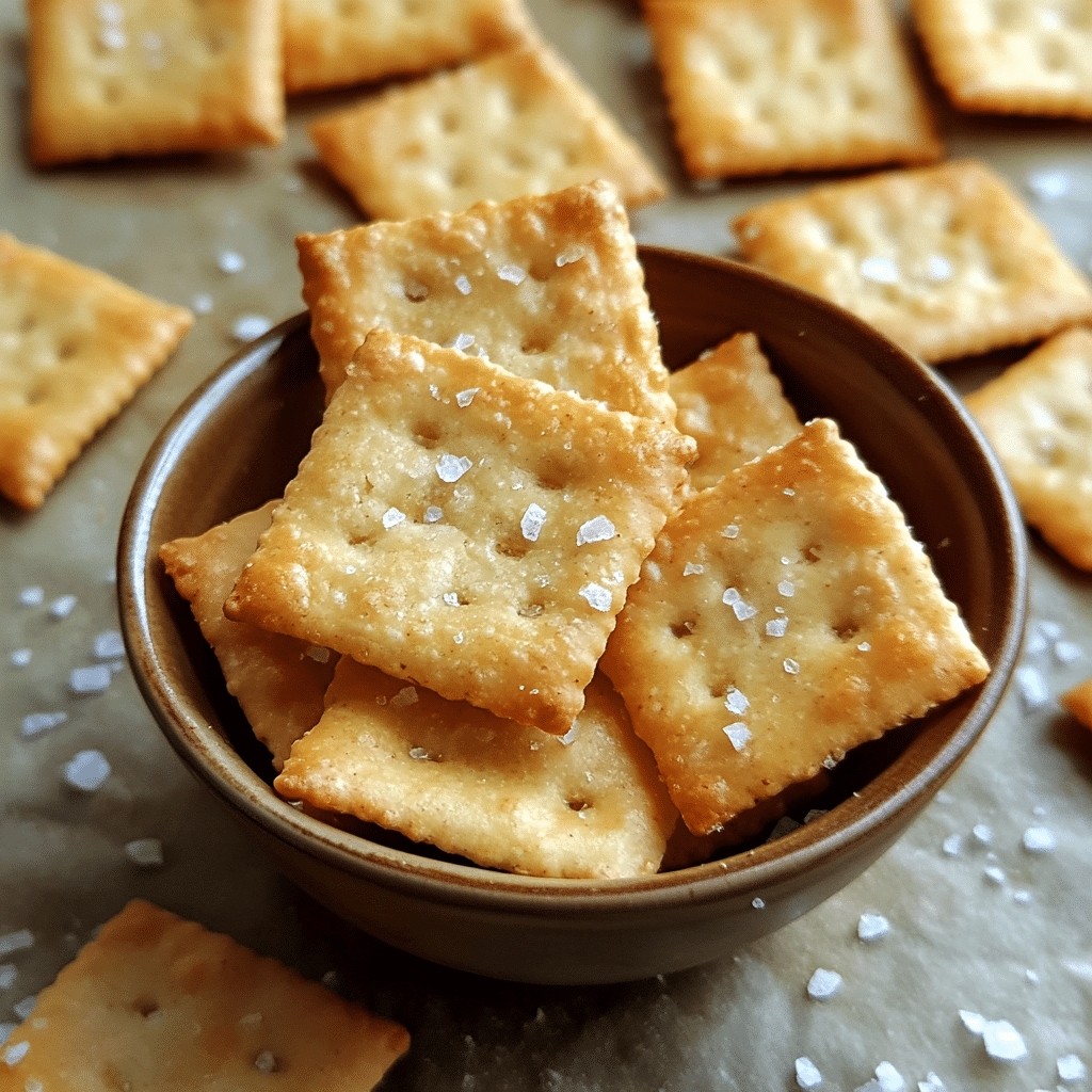 Small square sourdough cheese crackers in a bowl and scattered on parchment
