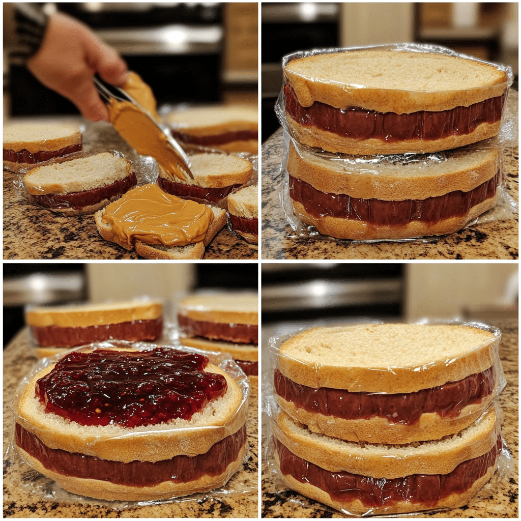 Four panel collage showing spreading fillings, cutting rounds, sealing edges, and freezing finished uncrustables