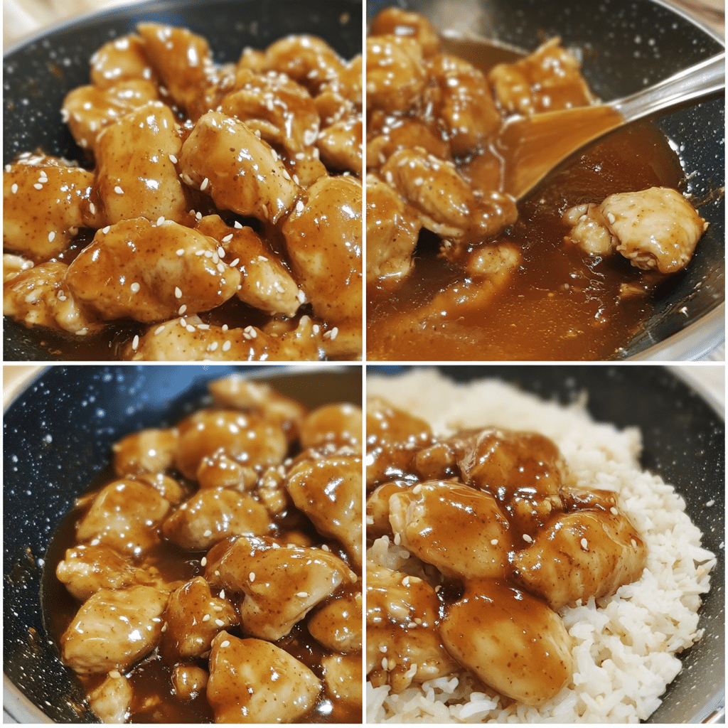 Four panel collage showing browning chicken, sautéing garlic and ginger, thickening honey sauce, and serving over rice