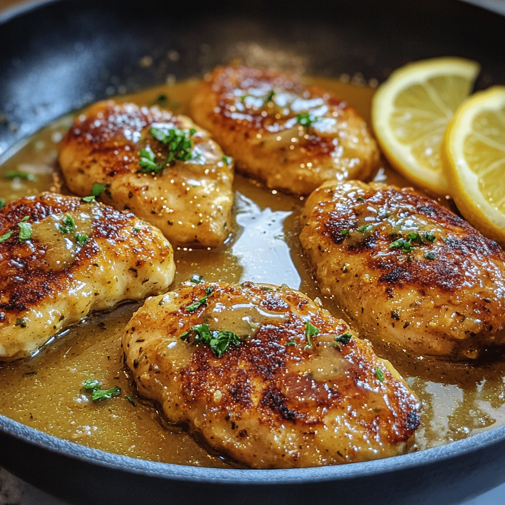 Honey mustard chicken cutlets in a skillet with golden sauce