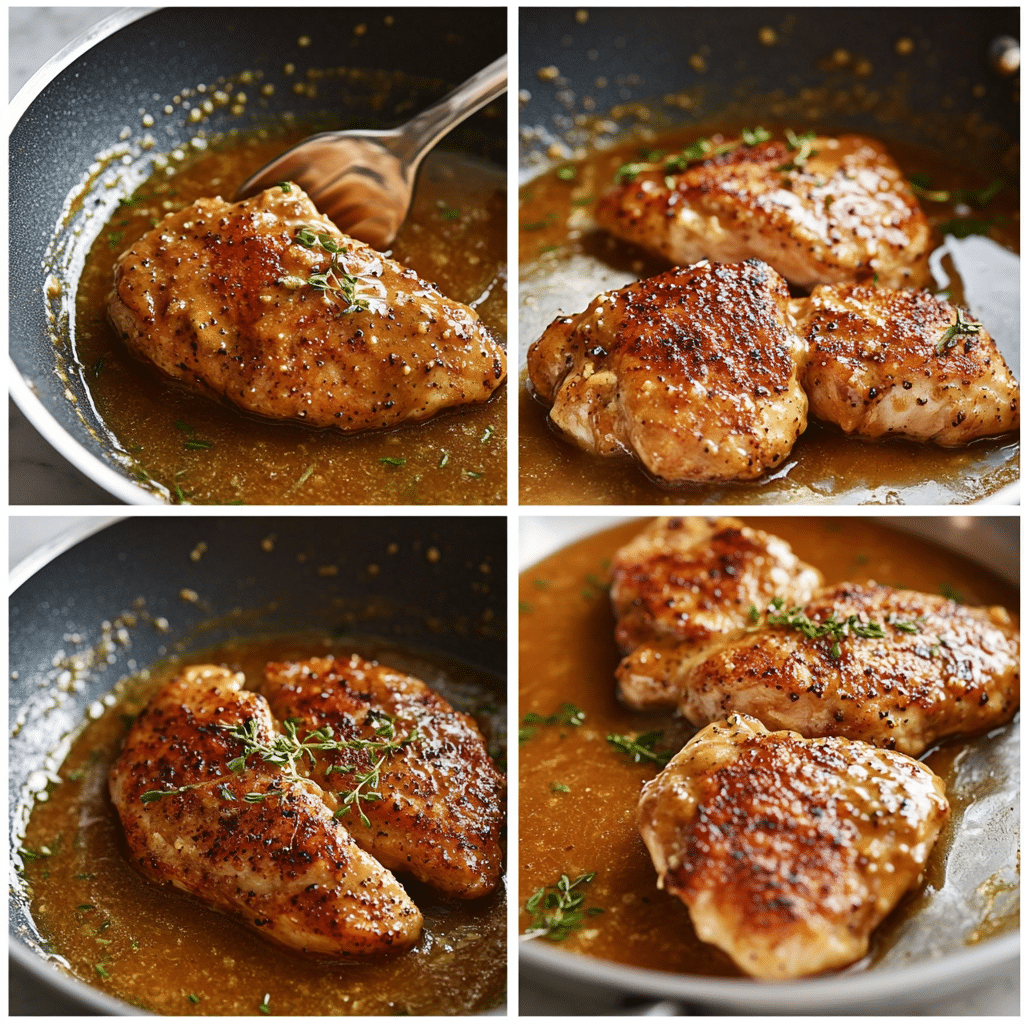 Four panel collage showing how to make honey mustard chicken