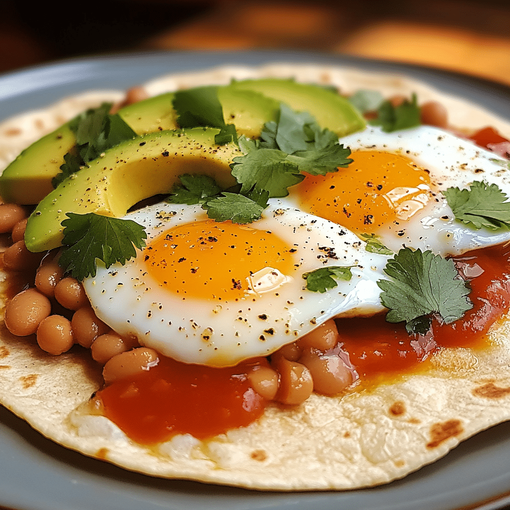 Huevos rancheros on a plate with avocado and sauce