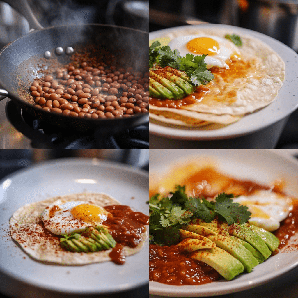 Four panel collage showing warming beans, crisping tortillas, cooking eggs, and assembling huevos rancheros
