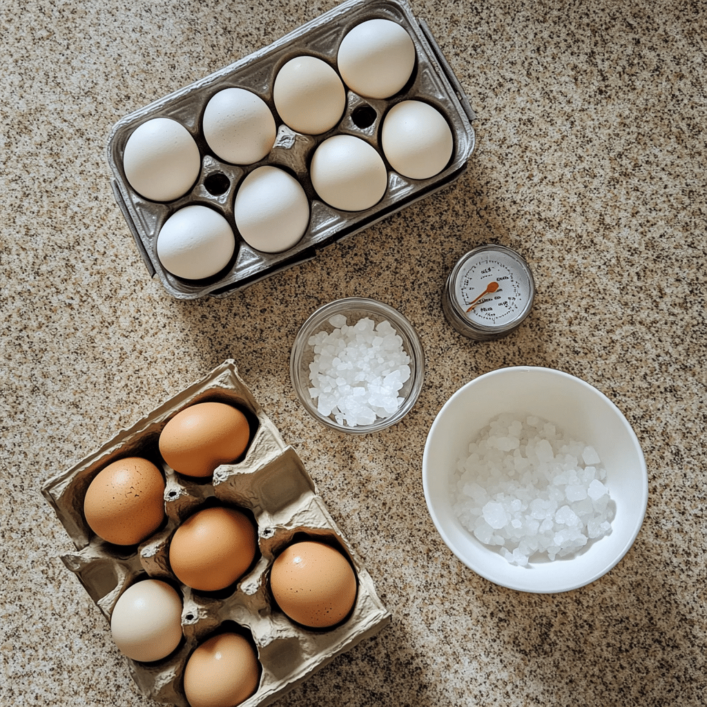 Eggs, air fryer basket, and ice water bowl for air fryer hard boiled eggs