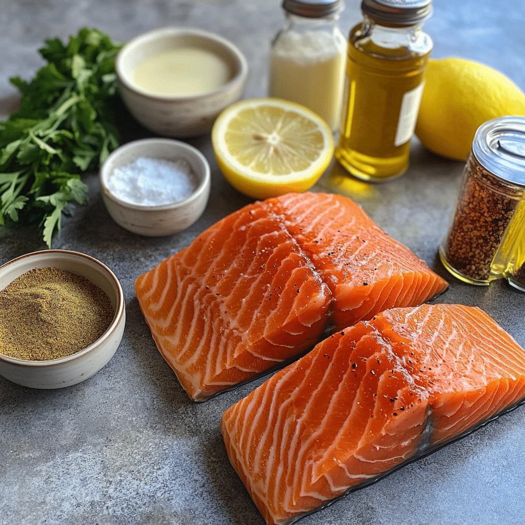 Salmon fillets, olive oil, spices, lemon, and an air fryer basket for salmon