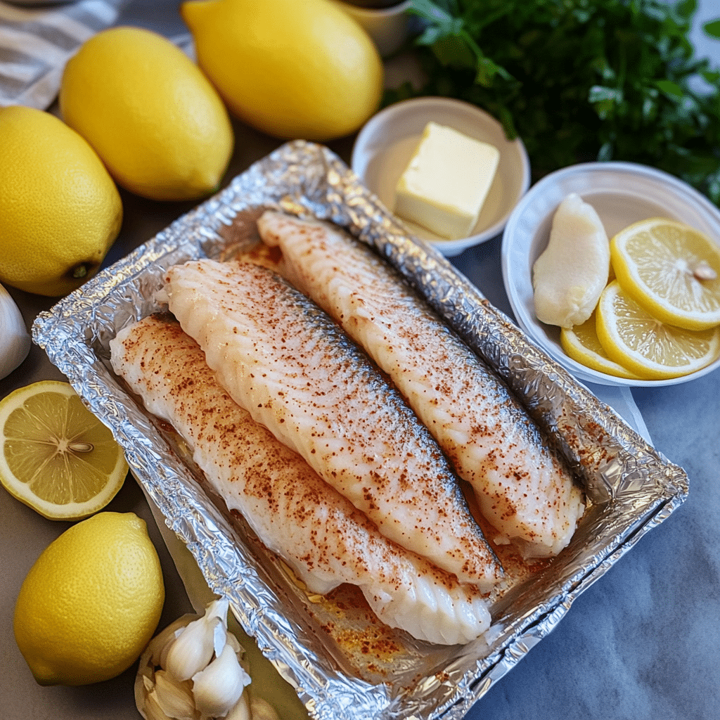 Ingredients for baked tilapia including tilapia fillets, lemon, butter, garlic, and herbs