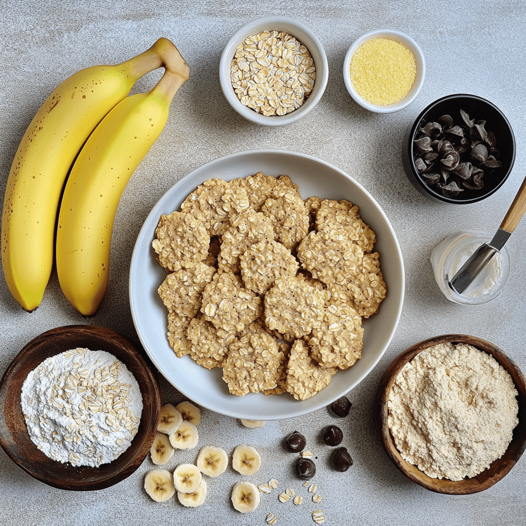 Ripe bananas, oats, flour, and cinnamon for banana oatmeal cookies