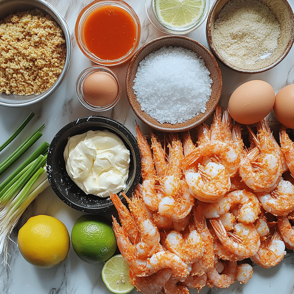 Shrimp, panko, eggs, mayo, sweet chili sauce, and sriracha for bang bang shrimp