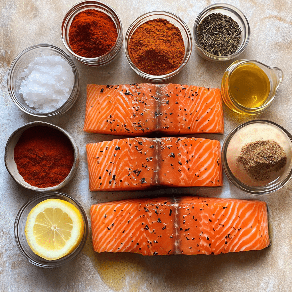 Blackened salmon ingredients including salmon fillets, spices, and lemon