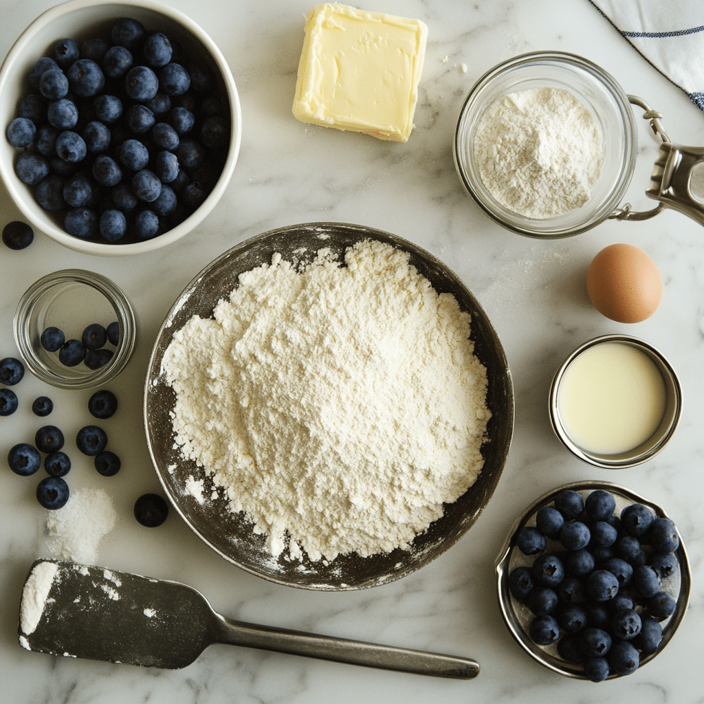 Flour, butter, cream, and blueberries for blueberry scones