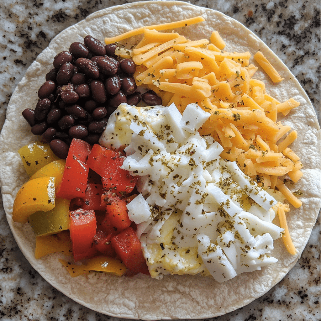 Tortillas, eggs, potatoes, peppers, beans, cheese, and salsa for breakfast burritos