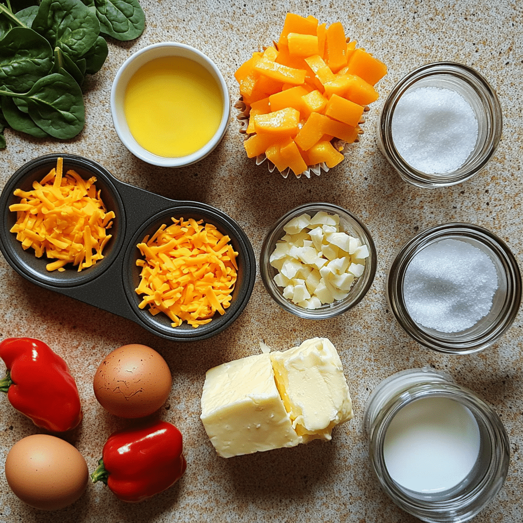 Eggs, spinach, peppers, cheese, and muffin tin for breakfast egg muffins