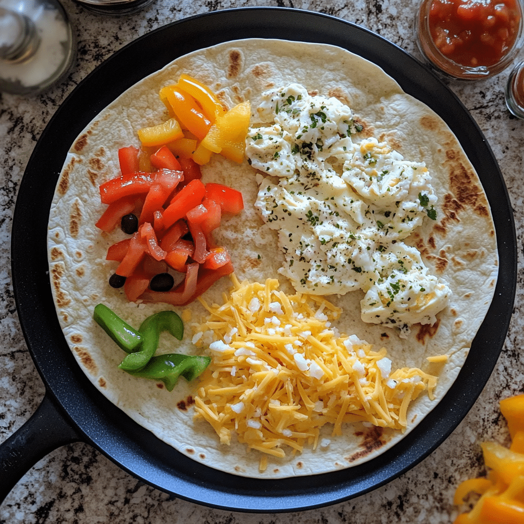 Tortillas, eggs, cheese, peppers, and salsa for breakfast quesadillas