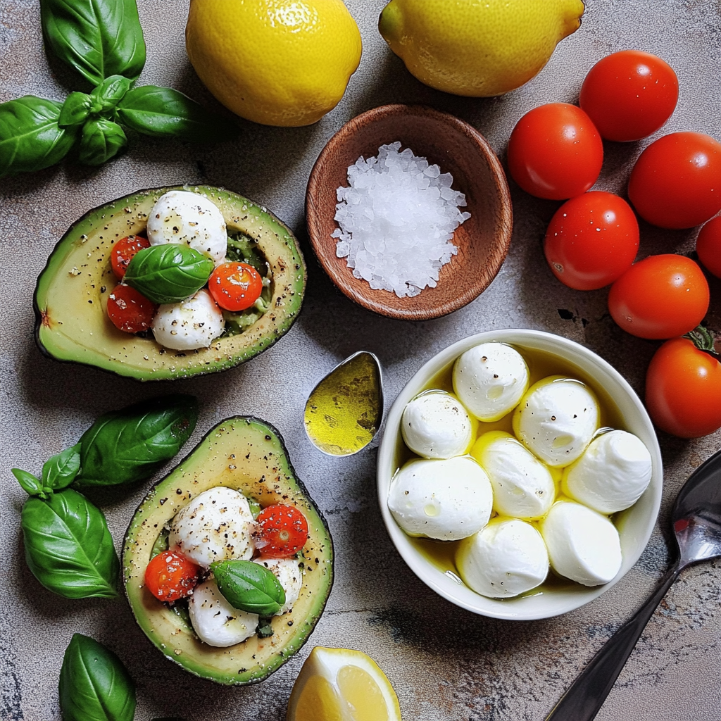 Ingredients for caprese stuffed avocados including avocados, tomatoes, mozzarella, and basil