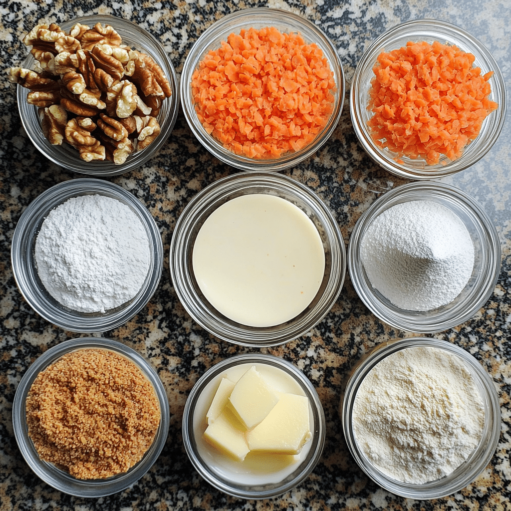Grated carrots, flour, spices, eggs, sugar, oil, and cream cheese for carrot cake cupcakes